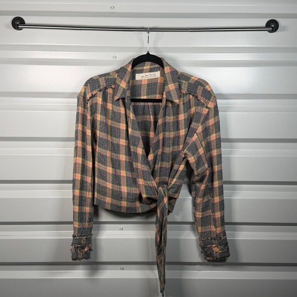 Free People Tops - We The Free People Plaid Wrap Tie Front Top Orange Black‎ Small Raw Hem Fringe